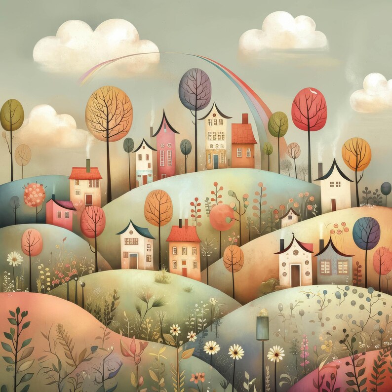 May include: A whimsical illustration of a village with colorful houses, trees, and a rainbow. The houses are surrounded by rolling hills and flowers.