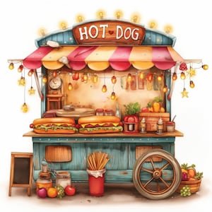 Whimsical Hot Dog Stand Clip Art 12 High Res Watercolor JPGs for Junk Journaling, Scrapbooking, Card Making, Digital Download, Fantasy, Food