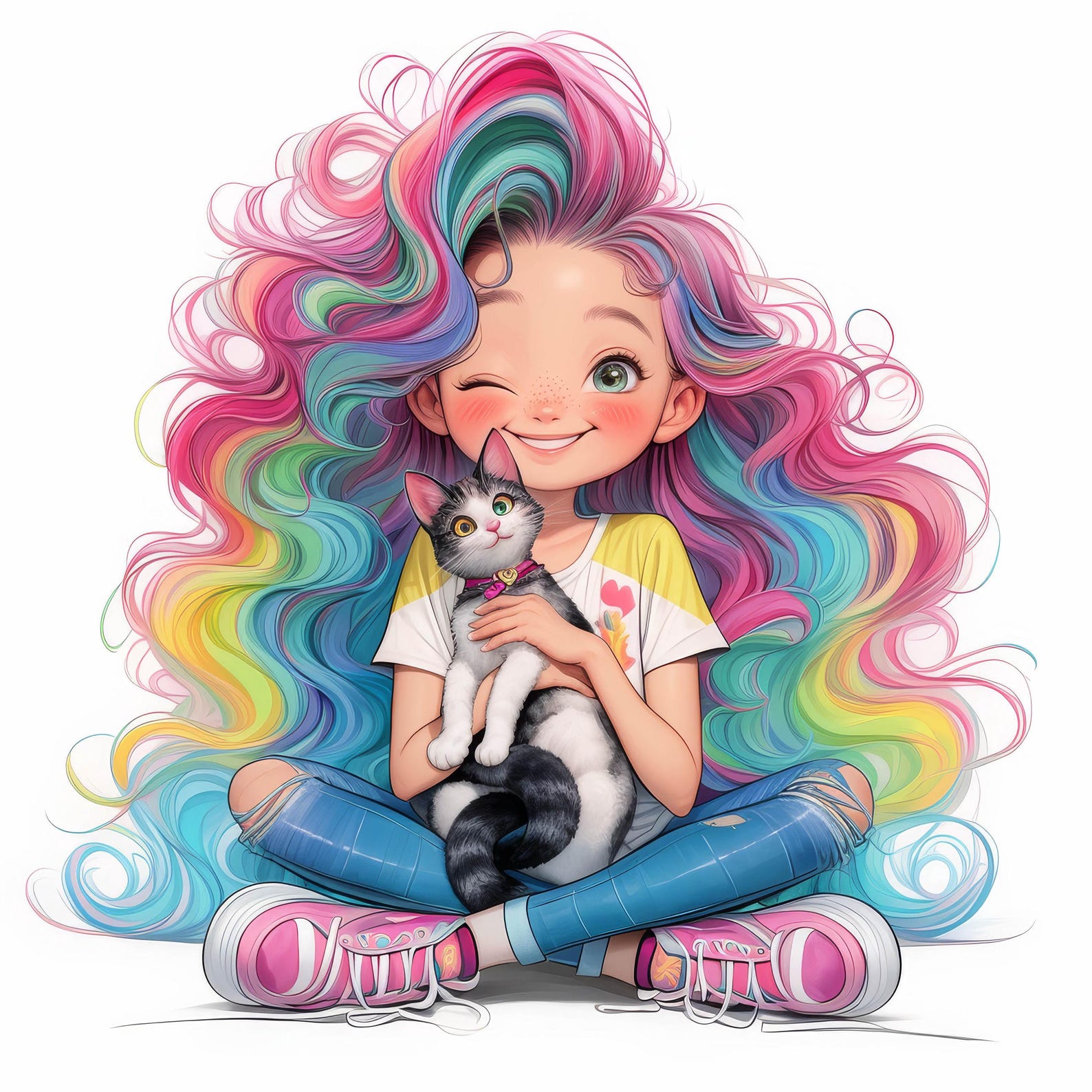 12 Quirky Girl With Cat Clipart | Cute Girl and Kitty | Printable ...