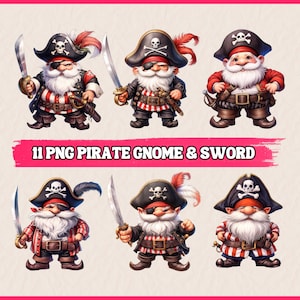 Könnte beinhalten: Elf digitale Illustrationen von Piratenzwergen mit Schwertern. Die Zwerge tragen rot-weiß gestreifte Hemden, schwarze Hosen und schwarze Piratenhüte mit Totenkopf und Knochen. Sie halten Schwerter und haben weiße Bärte.