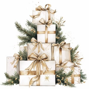 Op de afbeelding: Waterverfillustratie van een stapel witte cadeau dozen met gouden linten en strikken. De cadeaus zijn versierd met gouden accenten en een sterontwerp. Groen en gouden bessen zijn tussen de cadeaus geplaatst.