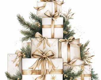 Op de afbeelding: Waterverfillustratie van een stapel witte cadeau dozen met gouden linten en strikken. De cadeaus zijn versierd met gouden accenten en een sterontwerp. Groen en gouden bessen zijn tussen de cadeaus geplaatst.