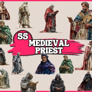 Bundle de cliparts aquarelle prêtre médiéval, christianisme prédicateur Clip Art ensemble, historique religieux PNG graphiques, Illustration numérique