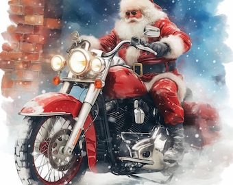 13 Santa Motorcycle Clipart Bundle, Cool Christmas Ride Illustration, Printable Watercolor Clipart, High Quality JPG, Paper Craft, Journals