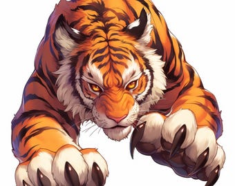Op de afbeelding: Illustratie van een felle tijger met oranje en zwarte strepen en scherpe klauwen. De ogen van de tijger zijn geel en hij wordt afgebeeld in een dynamische pose. Het kunstwerk heeft een gestileerde uitstraling, tegen een witte achtergrond.