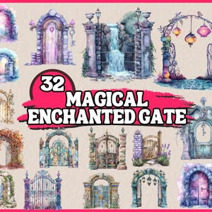水彩画の魔法の門のクリップアート | 花のポータル、城の扉、秘密の庭の扉のイラスト | 商用利用のためにすぐにダウンロード