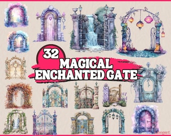 Watercolor Magical Enchanted Gate Clipart | Floral Portal,Castle Door, Secret Garden Door Illustration | Instant Download for Commercial Use