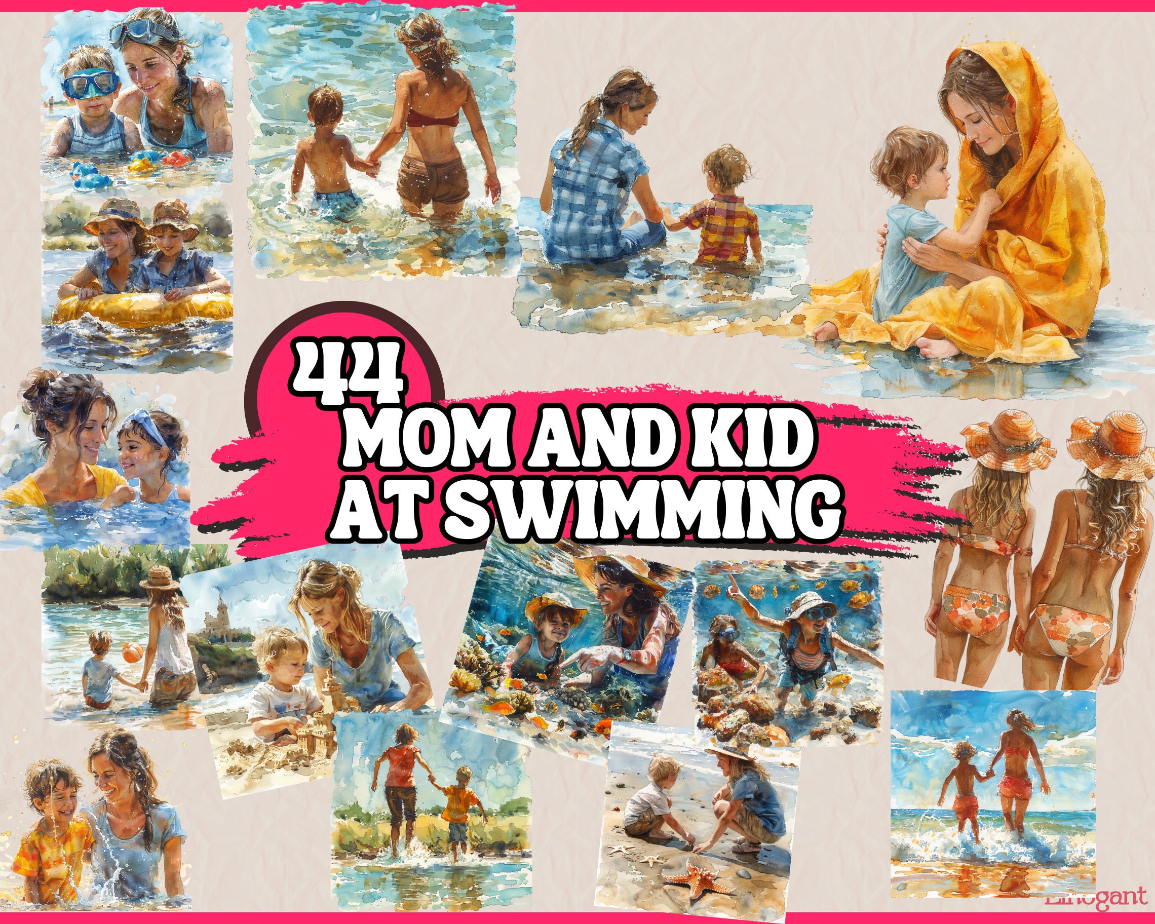 44 Mom And Kid Clipart | Family Swimming Clipart | Printable Watercolor | High Quality PNGs | Digital Download | Paper Craft | Junk Journal