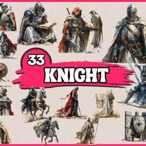 Aquarel middeleeuwse ridders clipartbundel, Fantasy Warrior-illustraties set met harnas, paard, soldaat, helm, png-afbeelding, digitale afbeelding