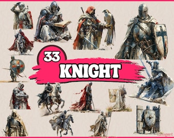 Watercolor Medieval Knights Clipart Bundle, Fantasy Warrior Clip Art Set with Armor, Horse,Soldier, Helmet PNG Graphic, Digital Illustration