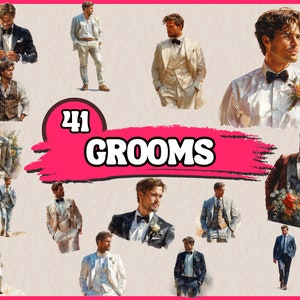 Aquarel bruidegoms clipartbundel, bruidegom in kostuums clip art set, huwelijksdag clipart, man in pak achter voorste afbeelding, png-afbeelding commercial
