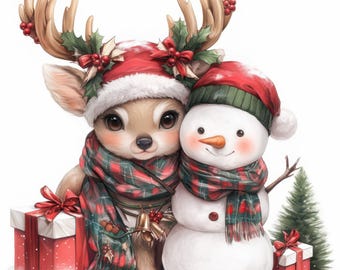 May include: A charming Christmas illustration featuring a deer and a snowman, both adorned in festive attire. The deer wears a red Santa hat and a plaid scarf, while the snowman sports a matching hat and scarf. Presents and a small Christmas tree complete the holiday scene.