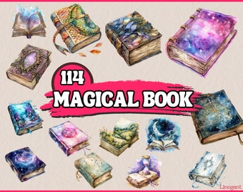May include: A collection of 114 watercolor illustrations of magical books. The books have various covers with different designs, including stars, moons, dragons, and nature scenes. The books are all closed and have a vintage look.