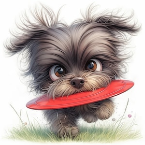 Frazzled Dog With Frisbee Clip Art 10 High Res Watercolor JPGs for Junk Journals, Scrapbook, Card Making, Digital Download,Fantasy,Whimsical