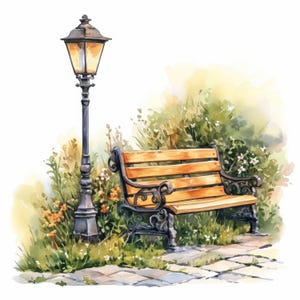 Könnte beinhalten: Aquarellillustration einer Parkszene mit einer Holzbank und einer Vintage-Laterne. Die Bank hat schwarze Metallakzente und ist von Grün und Blumen umgeben. Ein Steinweg führt zur Bank und schafft eine ruhige, einladende Atmosphäre.