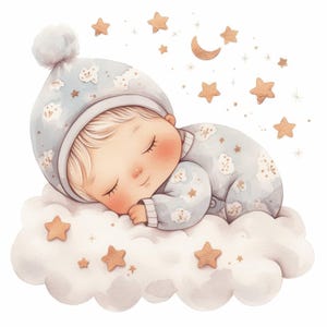 Puede incluir: Ilustración en acuarela de un bebé durmiendo, vestido con un pelele azul claro y un gorro a juego con pompón. El bebé descansa sobre una nube blanca y esponjosa, rodeado de estrellas doradas y una luna creciente. La imagen tiene una estética suave y soñadora.