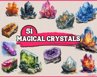 Watercolor Magical Crystals Clipart Bundle, Gemstones Clip Art Set, Fantasy PNG Graphics, Colorful Gems Digital Illustration, Commercial Use