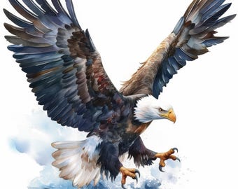 May include: Watercolor painting of a bald eagle in flight, wings spread wide. The eagle has a white head, brown body, and dark blue and brown wings. Its talons are extended, and it appears to be diving towards water.