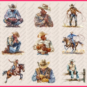 May include: A digital painting of nine cowboys in various poses. The cowboys are wearing hats, boots, and jeans. Some are holding ropes, while others are praying or riding horses. The painting is done in a watercolor style and has a rustic feel.