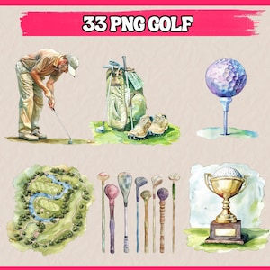 33 png-golfclipart, golfbaansportclipart, golfartikelenbundel met club, bal, golfer, illustraties | Directe download voor commercieel gebruik