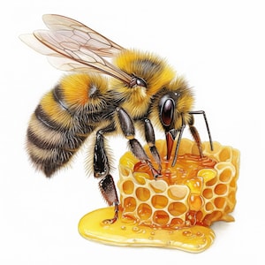 Puede incluir: Ilustración detallada de una abeja en un panal. La abeja es amarilla y negra, con alas translúcidas. El panal es dorado, con miel goteando. La imagen está sobre un fondo blanco.