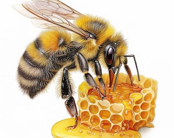 Op de afbeelding: Gedetailleerde illustratie van een honingbij op een honingraat. De bij is geel en zwart, met doorschijnende vleugels. De honingraat is goudkleurig, met honing die eruit druipt. De afbeelding staat tegen een witte achtergrond.