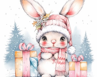 11 Festive Bunny Clipart Bundle, Cute Forest Bunny Illustration, Printable Watercolor Clipart, High Quality JPG, Paper Craft, Junk Journals