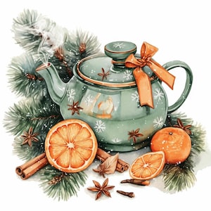 12 Winter Teapot Clipart Bundle, Snowy Tea Time Art Illustration, Printable Watercolor Clipart, High Quality JPG, Paper Craft, Junk Journals