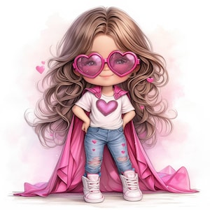 Paquete de 10 imágenes prediseñadas de pequeñas superchicas, ilustración de personaje heroico, imágenes prediseñadas de acuarela imprimibles, JPG de alta calidad, manualidades de papel