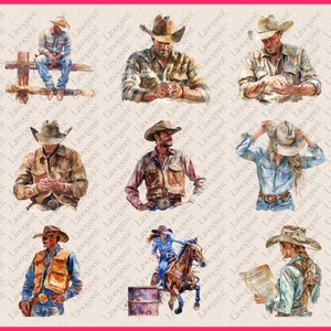 May include: A digital painting of eight different people wearing cowboy hats and western clothing. The people are depicted in various poses, including standing, sitting, and riding a horse. The painting is done in a watercolor style and features a variety of colors, including brown, blue, and red.