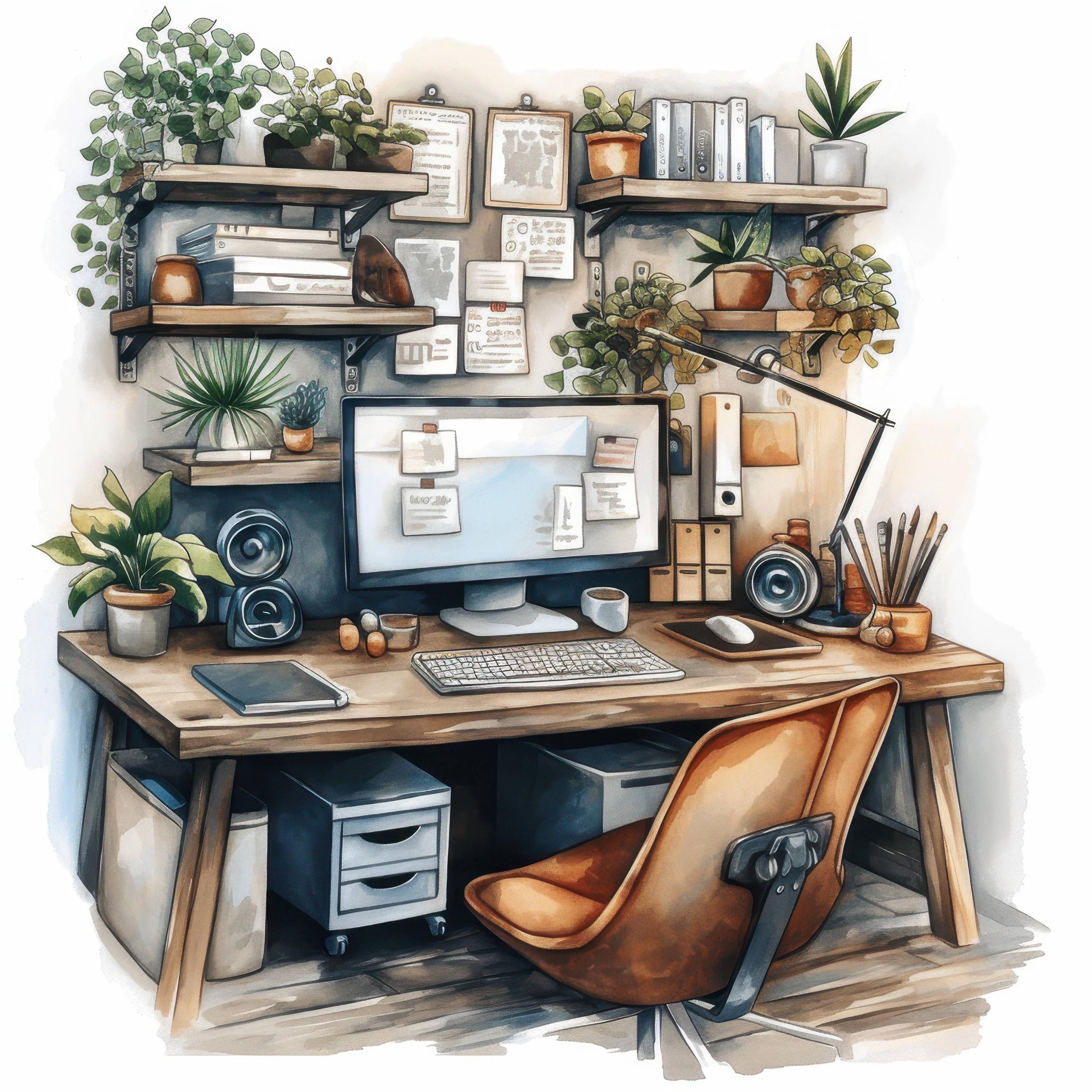 13 Office Work Clipart Bundle, Computer Desk Scene Illustration ...