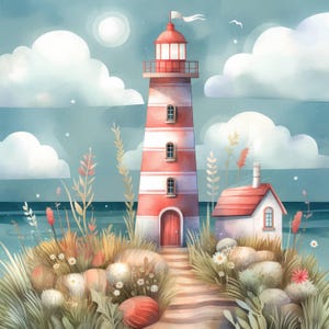 Moonlit Coastal Lighthouse Clip Art 10 High Res Watercolor Jpgs Junk ...