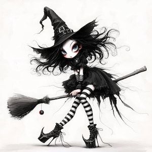 Quirky Witch in Black Clip Art 11 High Res Watercolor JPGs Junk Journaling, Scrapbooking, Card Making, Digital Download, Fantasy, Whimsical