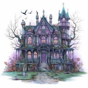Whimsical Haunted House Clip Art 10 High Res Watercolor JPGs for Junk Journals, Scrapbooking, Card Making, Digital Download, Fantasy, Quirky