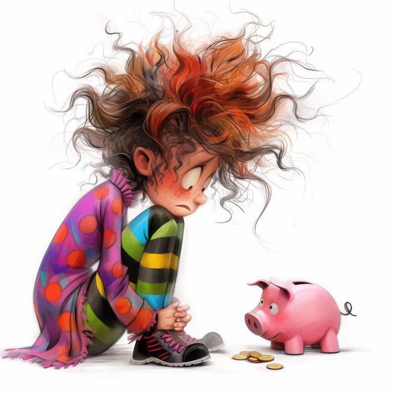 May include: A cartoon girl with red and brown hair sits on the floor with a worried expression. She is looking at a pink piggy bank with a coin slot. There are gold coins scattered on the floor.