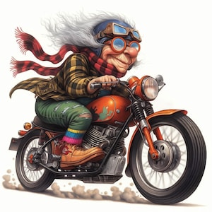 Puede incluir: Una ilustraci&oacute;n de dibujos animados de un anciano con cabello blanco y una bufanda roja montando una motocicleta naranja vintage. La motocicleta tiene un faro redondo y un asiento negro.