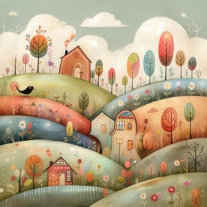 May include: A whimsical illustration of a colorful landscape with rolling hills, houses, and trees. The houses are painted in shades of orange, brown, and white, and the trees have vibrant green, red, and orange leaves. The sky is a soft blue with fluffy white clouds.