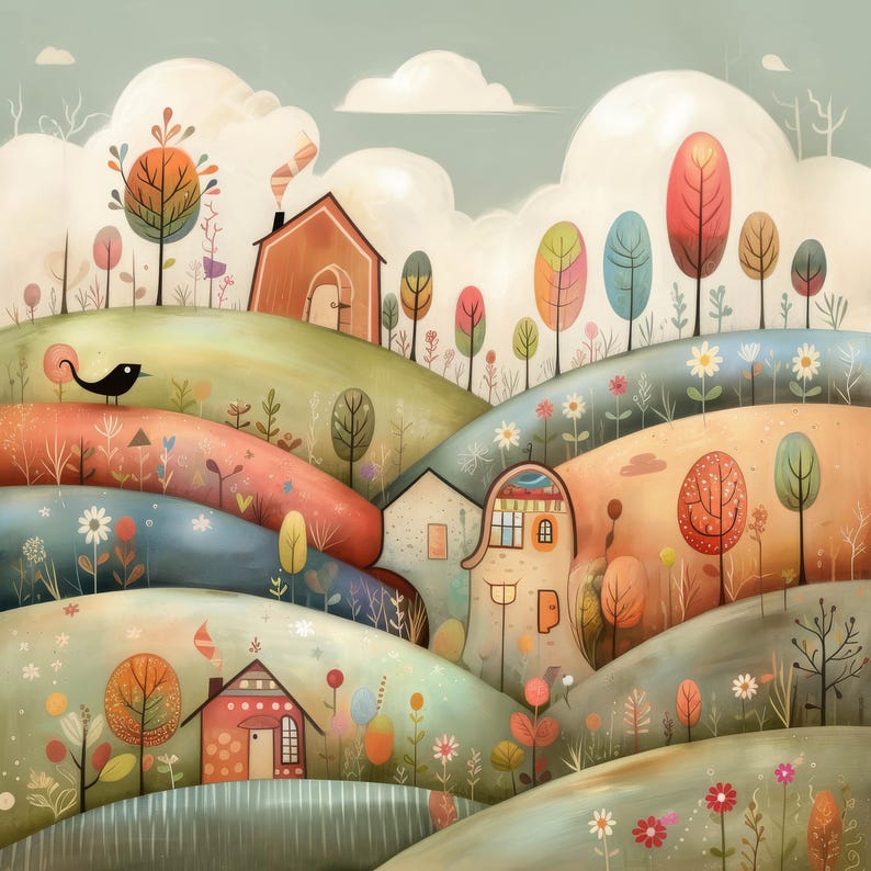 May include: A whimsical illustration of a colorful landscape with rolling hills, houses, and trees. The houses are painted in shades of orange, brown, and white, and the trees have vibrant green, red, and orange leaves. The sky is a soft blue with fluffy white clouds.