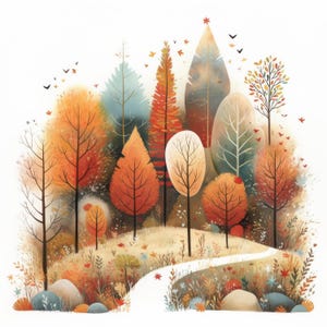 May include: An illustration of a colorful autumn landscape featuring trees in shades of orange, red, and yellow. A winding white path leads through the scene, with small birds and leaves scattered throughout. The artwork has a whimsical, painterly style.
