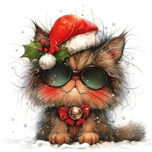 Stylish Christmas Cats Clip Art 10 High Res Watercolor JPGs for Junk Journals, Scrapbooking, Card Making, Digital Download, Holiday, Whimsy