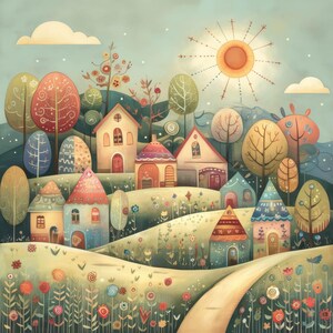 May include: A whimsical illustration of a village with colorful houses, trees, and flowers. The sun shines brightly in the sky, casting a warm glow over the scene.