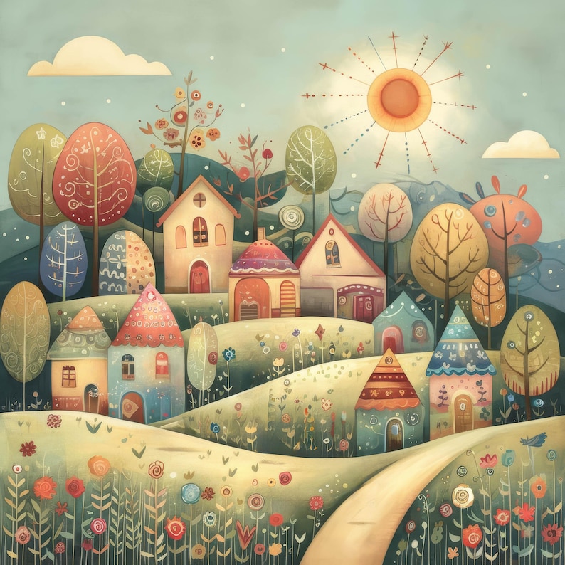 May include: A whimsical illustration of a village with colorful houses, trees, and flowers. The sun shines brightly in the sky, casting a warm glow over the scene.