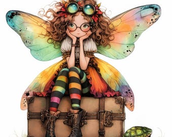 May include: A whimsical fairy with brown hair and large, round glasses sits on a vintage suitcase with a rainbow-colored butterfly wings. She is wearing a colorful dress and striped tights. A small turtle sits on the ground nearby.