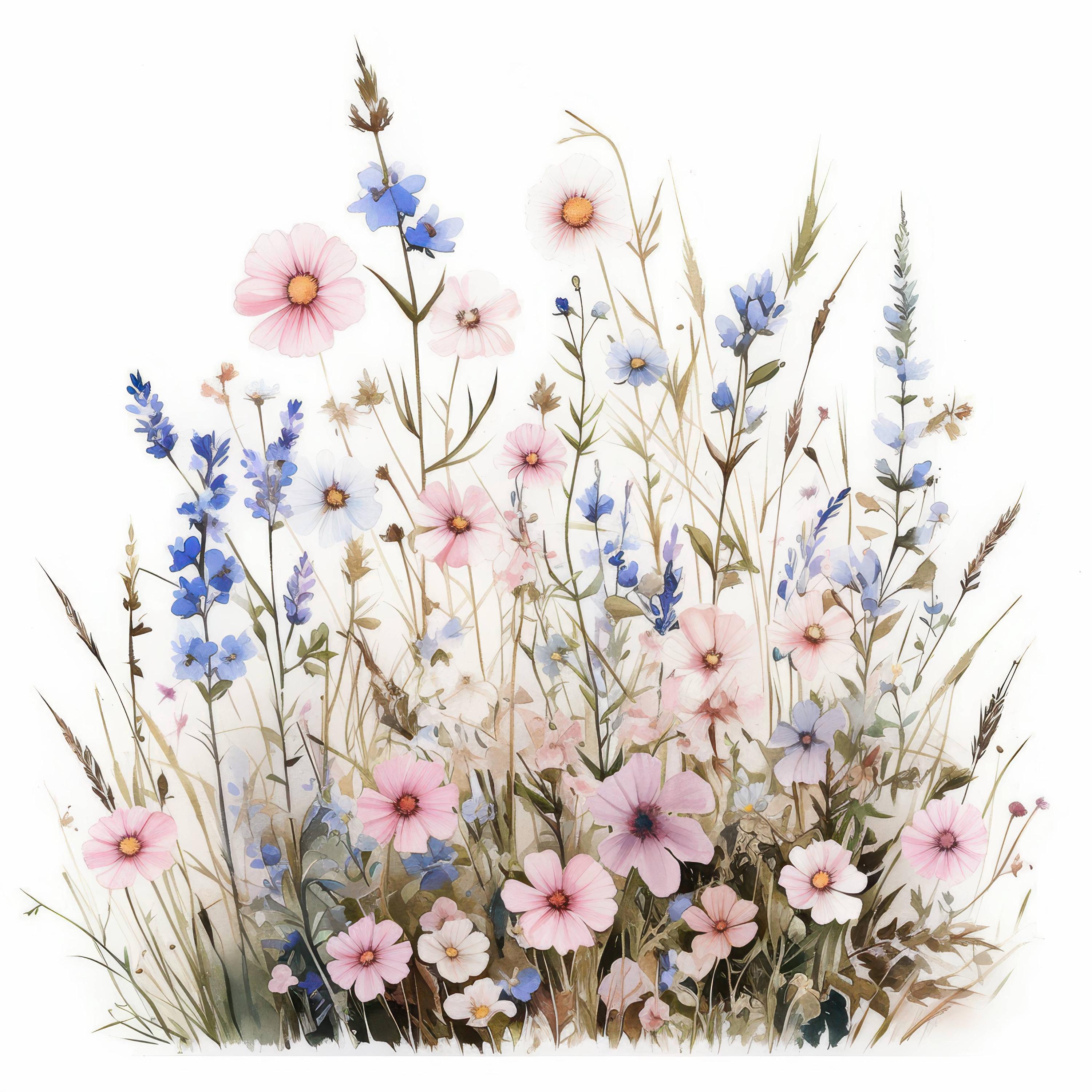11種類のよく定義された野生の花のクリップアートバンドル、詳細な草原