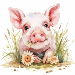 Può includere: Illustrazione ad acquerello di un maialino carino con orecchie e muso rosa, immerso nell'erba verde e nei fiori selvatici. Il maialino tiene un filo d'erba in bocca, con un'espressione felice. L'opera d'arte ha uno stile morbido e stravagante.