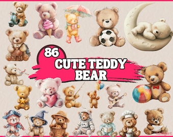 Aquarel schattige teddybeer clipartbundel, babyshower clip art set, png-afbeeldingen in gezellige pasteltinten, boho teddybeer, digitale download