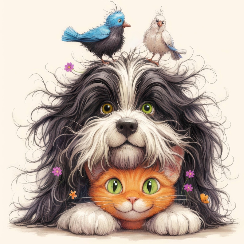 Op de afbeelding: Een zwart-witte hond met lang, ruig haar kijkt uit achter een gemberkat. De hond heeft groene en bruine ogen en een brede, vriendelijke glimlach. Twee kleine vogels zitten op het hoofd van de hond. Een vogel is blauw en de andere is wit.