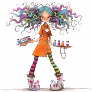 Puede incluir: Una ilustraci&oacute;n de dibujos animados de una doctora con el pelo azul brillante y morado, que lleva un uniforme m&eacute;dico naranja brillante con un cuello blanco y un estetoscopio alrededor del cuello. Est&aacute; sosteniendo una bandeja con botellas de medicina de colores.