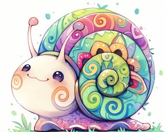 14 Kawaii Nursery Snail Clipart Bundle, Colorful Illustration, Printable Watercolor Clipart, High Quality JPG, Paper Craft, Junk Journals