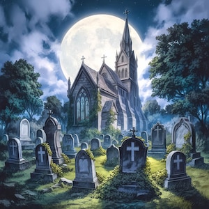 Full Moon Graveyard Clip Art 11 High Res Watercolor JPGs For Junk Journals, Scrapbook, Card Making, Digital Download Kit, Fantasy, Whimsical
